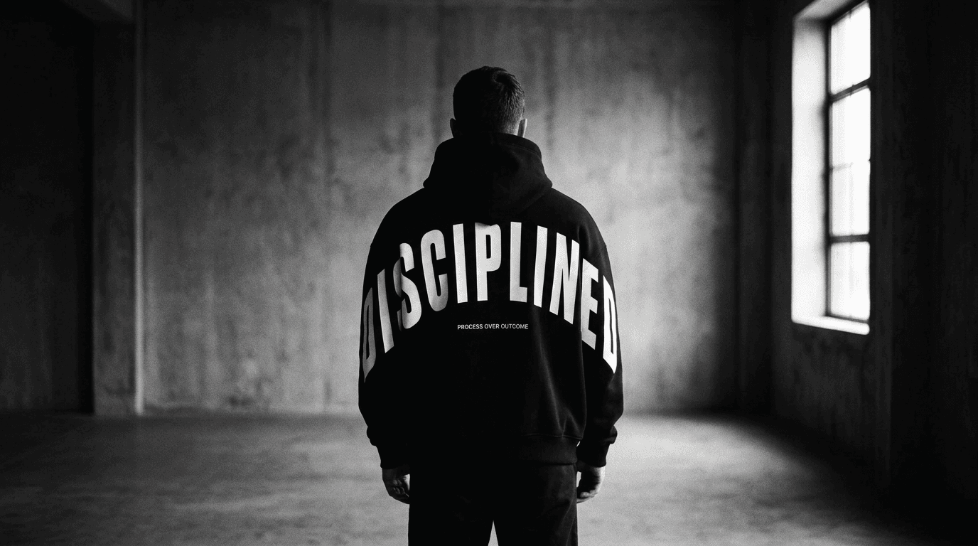 A figure stands back to camera in a bare concrete room lit by one window, wearing the Disciplined heavyweight hoodie with its arched DISCIPLINED back print over PROCESS OVER OUTCOME.