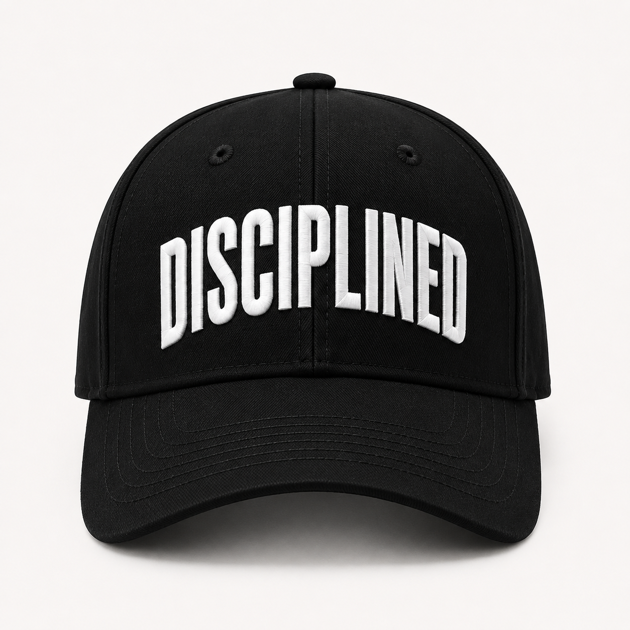 DISCIPLINED Structured Hat front embroidery on light background