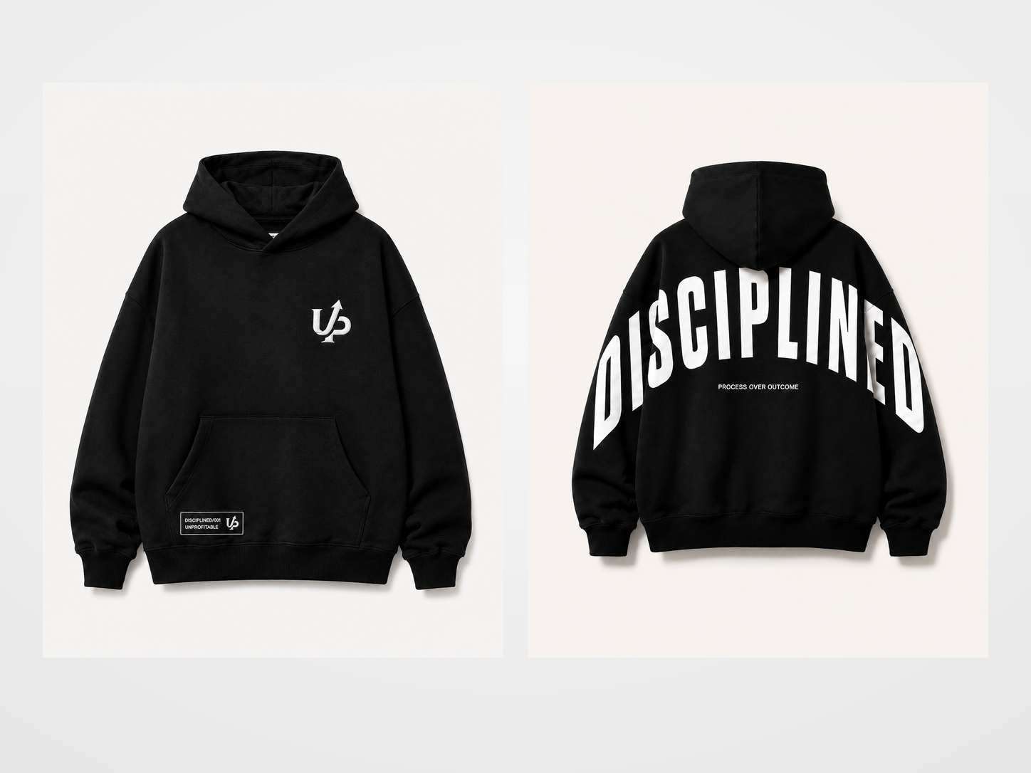 DISCIPLINED Heavyweight Hoodie front and back on light background